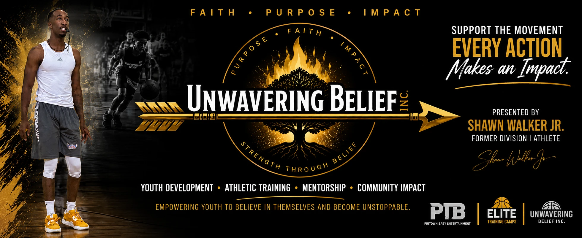 Support the Movement. Every Action Makes an Impact. Presented by Shawn Walker Jr., former Division I athlete. Youth development, athletic training, mentorship, community impact. Empowering youth to believe in themselves and become unstoppable.